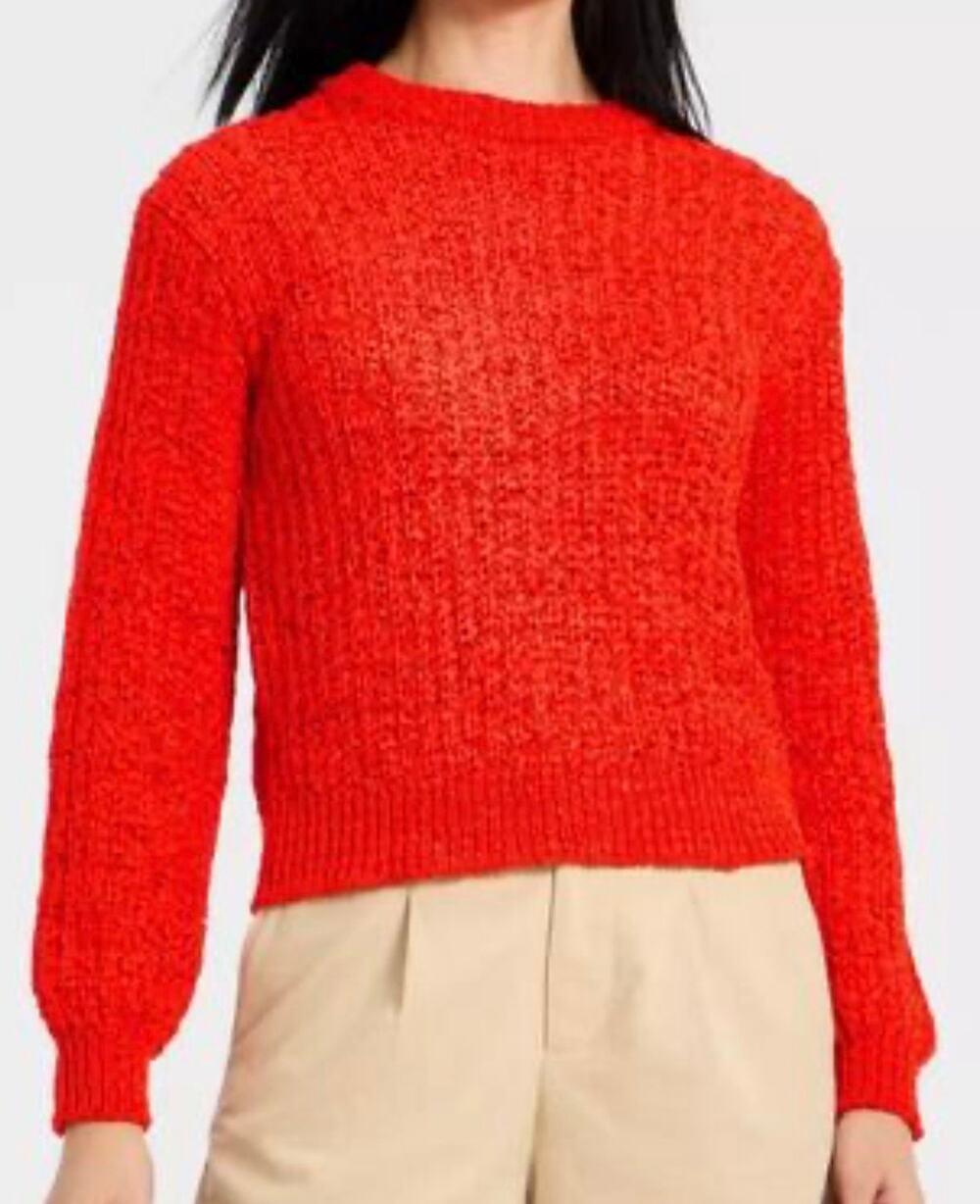 A New Day Vibrant Scarlet Textured Yarn Knot Construction Ribbed neck hem sleeve
